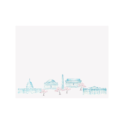 Illustration of a city skyline with buildings and cherry blossom trees on a white background