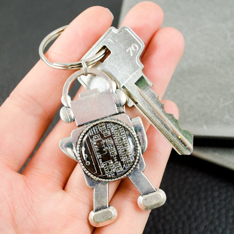Metal keychain shaped like a robot held in a hand against a dark background