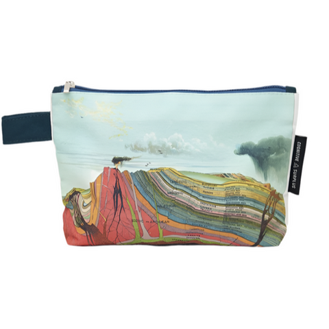 Pouch with a colorful design of a person lying on a beach with a book, on a white background.