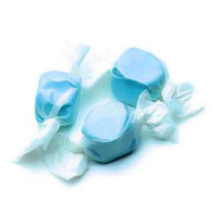 Blue and white wrapped candies on a white background