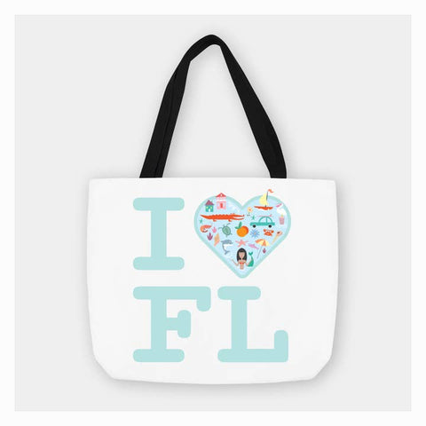 Tote bag with 'I ❤️ FL' text and heart-shaped design on a white background