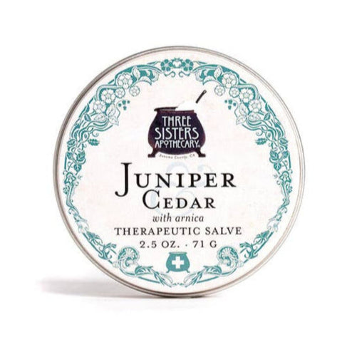 Three Sisters Apothecary Juniper Cedar therapeutic salve tin on a white background