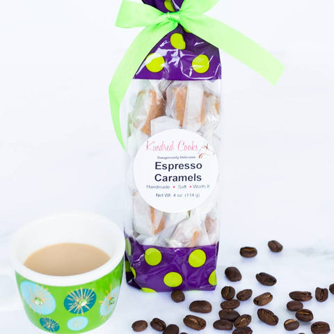 Bag of Espresso Caramels with a cup of coffee and coffee beans on a white background