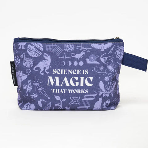 Purple pouch with science-themed designs and 'Science is Magic That Works' text on a white background