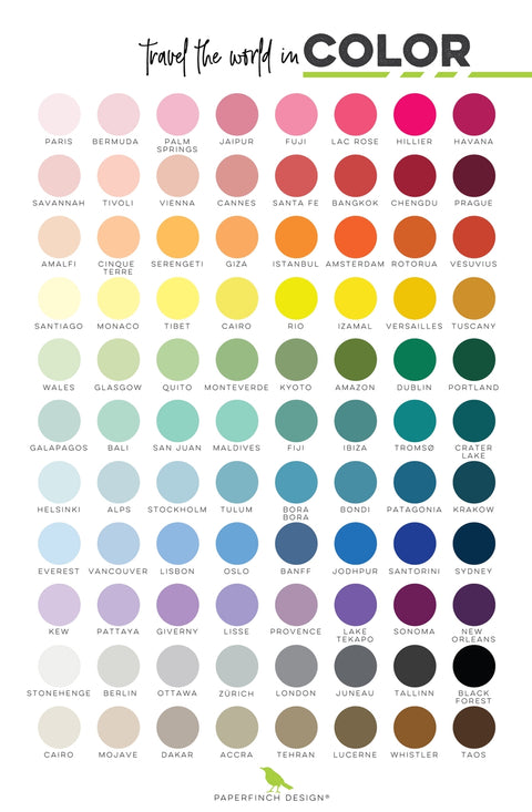 Color swatch chart with various color names and codes, inspired by travel destinations.