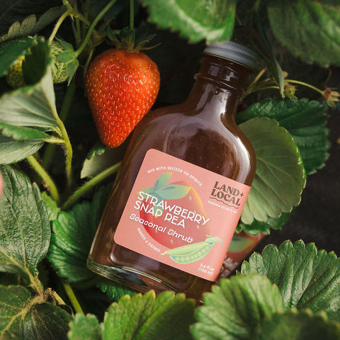 Bottle of strawberry snap pea syrup with a strawberry on a bed of green leaves