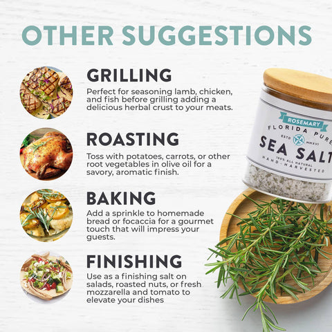 Sea salt container with rosemary on a wooden board, surrounded by text on how to use it for grilling, roasting, baking, and finishing dishes.