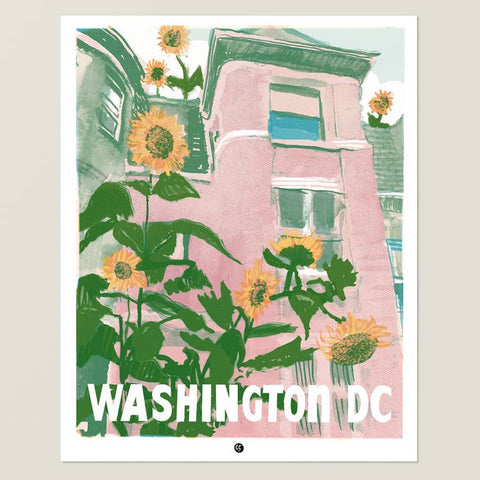Illustration of a building with sunflowers and 'Washington DC' text on a light gray background