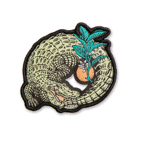 Embroidered patch of an armadillo with a peach on a white background