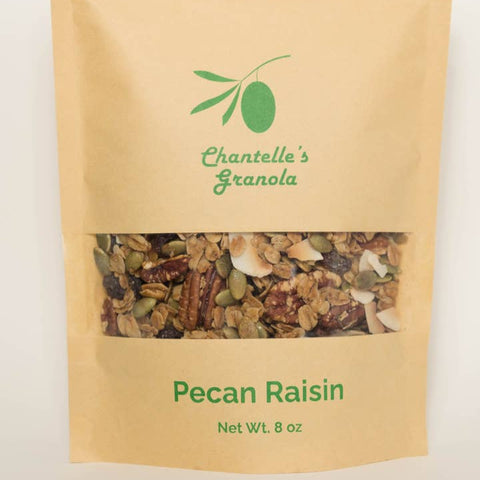 Pouch of Chantelle's Granola Pecan Raisin flavor on a light background