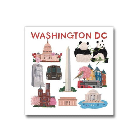 Illustrated poster of Washington DC landmarks with pandas holding flowers.