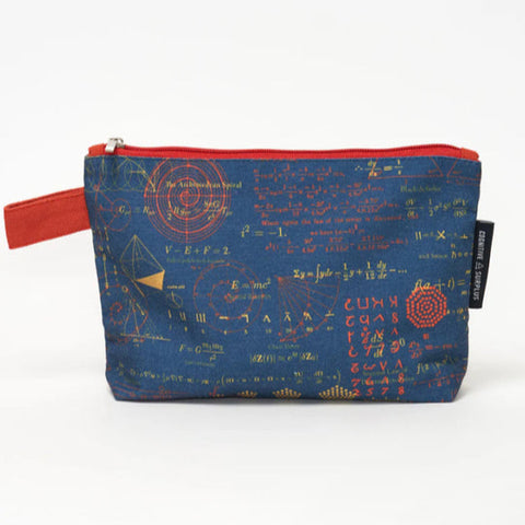 Pouch with mathematical equations design on a blue background with red zipper.