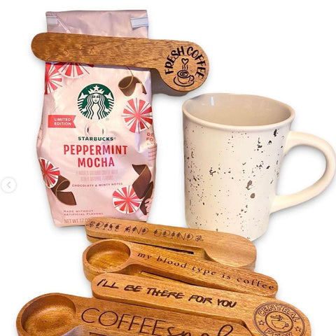 Wood Coffee Scoop & Custom Engraved Coffee Bag Clip