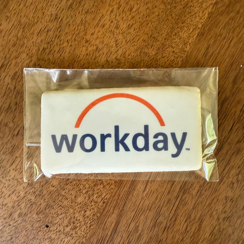 Workday logo on a wrapped product on a wooden surface