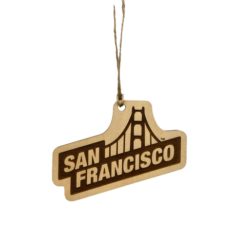 Wooden keychain with 'San Francisco' and Golden Gate Bridge design on a white background