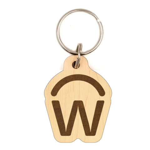 A wooden keychain with a Workday logo engraved on it, featuring a nickel-plated steel split ring.