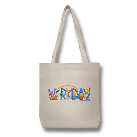 A beige cotton tote bag with a graphic print that reads 'workday' in a colorful design, featuring a tree, a train, and a rainbow.