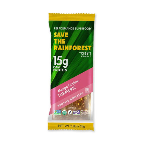 Protein bar package with green, pink, and yellow design on a white background
