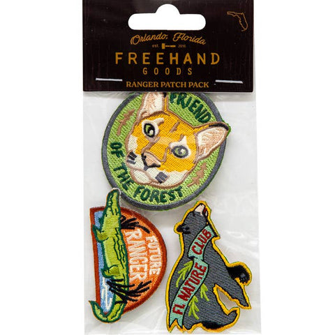 Three animal-themed patches in packaging with 'Freehand Goods' branding.