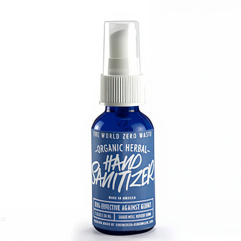Blue bottle of organic herbal hand sanitizer on a white background