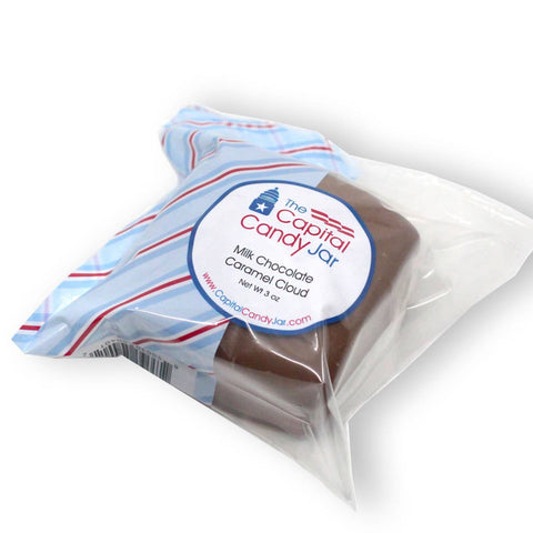 Packaged milk chocolate caramel cloud with 'The Capital Candy Jar' label on a white background