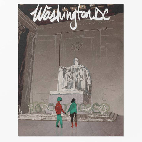 Illustration of two people holding hands in front of a statue with 'Washington DC' text above.