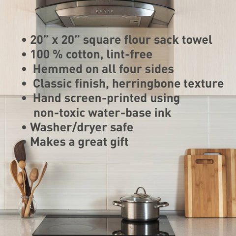 Kitchen scene with a flour sack towel hanging on an oven door, featuring product details.