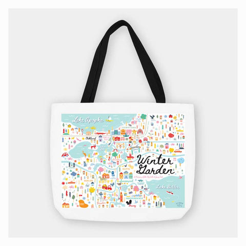 Tote bag with a colorful map design and 'Winter Glander' text on a white background