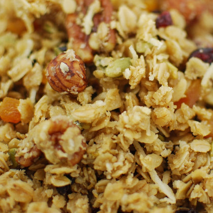Close-up of granola with nuts and dried fruits