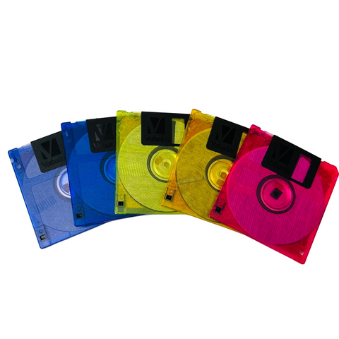 Set of colorful floppy disks on a white background