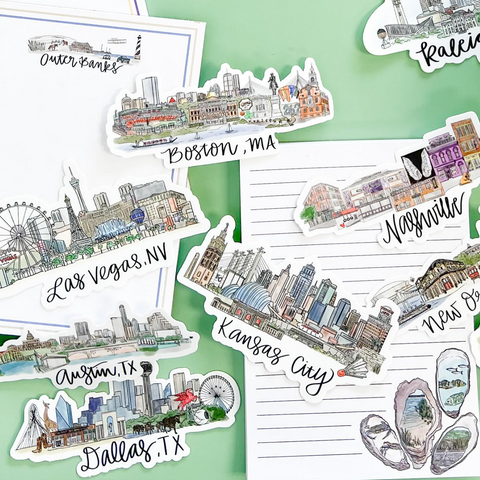 Sticker set with illustrated city skylines of various cities on a green and white background.