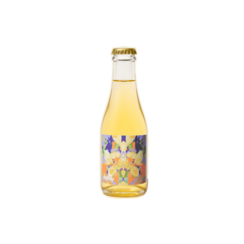 Bottle of white wine with floral label on a white background