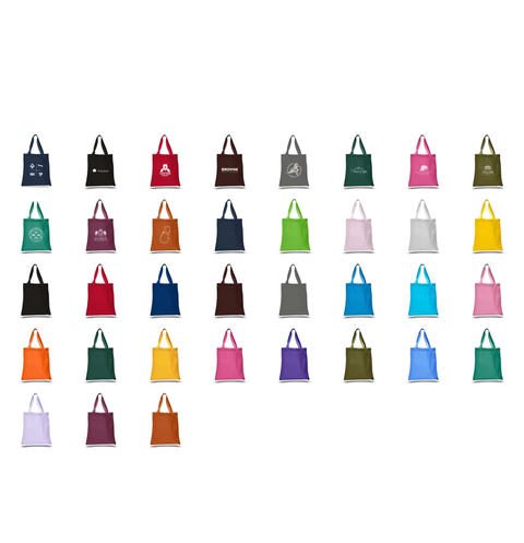 Collection of small tote bags in various colors on a white background