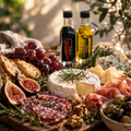Platter of assorted meats, cheeses, and fruits with bottles of wine in the background.