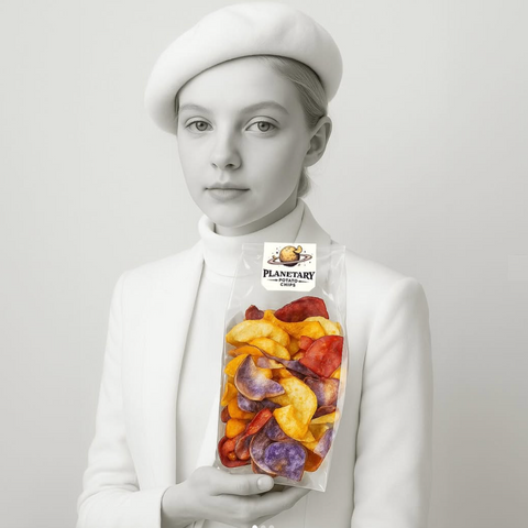 Person holding a bag of Planetary Chips against a plain background