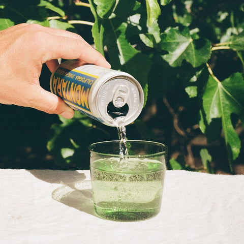 Hand pouring a can of Peroni into a glass with greenery in the background