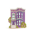 Colorful illustration of a two-story house with a purple door on a white background