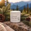 A white jar candle labeled 'Colorado Blue Spruce' by Wild Rose Forest Candle Co., styled outdoors on a log with pine branches, pinecones, and a blanket, with a mountain forest background.