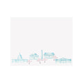 Illustration of a city skyline with buildings and cherry blossom trees on a white background