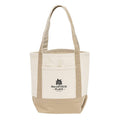 Beige and white tote bag with a logo on a white background