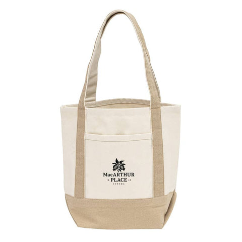 Beige and white tote bag with a logo on a white background