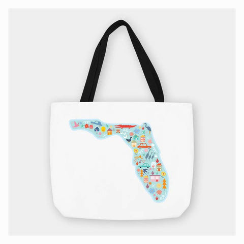 Tote bag with a colorful map design on a white background