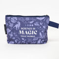 Purple pouch with science-themed designs and 'Science is Magic That Works' text on a white background