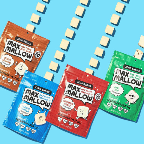 Max Mallow marshmallow packages in various flavors on a blue background