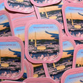Stickers with Washington, DC skyline and cherry blossoms in pink frames.