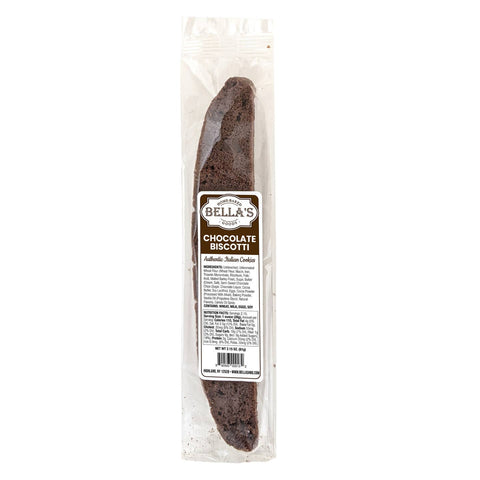 Packaged chocolate biscotti with Bella's Biscotti label on a white background