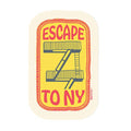 Card with 'Escape to NY' text and staircase illustration on a yellow background
