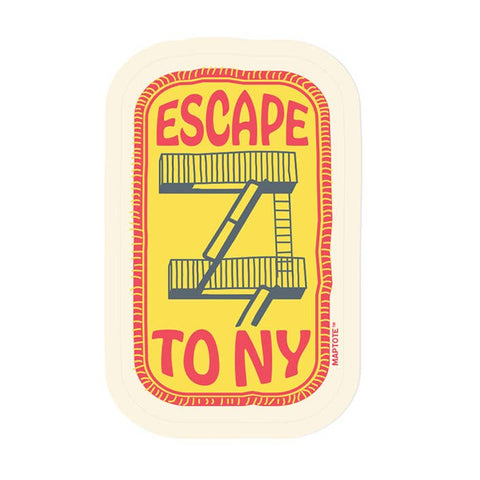 Card with 'Escape to NY' text and staircase illustration on a yellow background
