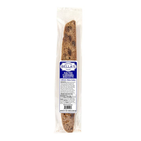 Packaged salted chocolate biscotti with Bella's branding on a white background