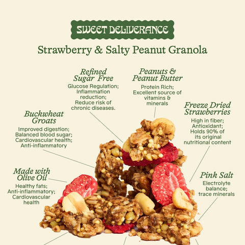 Granola bar with strawberry and peanut butter flavor, featuring health benefits on a white background.